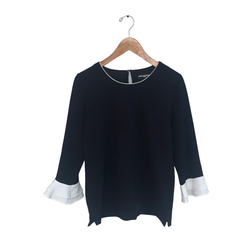 Karl Lagerfeld Black Blouse with White Trim and Cuff Ruffles